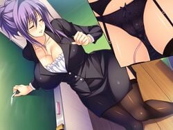 black_panties breasts cameltoe chalk chalkboard classroom cleavage closed_eyes clothed_masturbation clothing collar curvy discreet_vibrator egg_vibrator embarrassed exhibitionism female fully_clothed game_cg garter_straps hidden highres huge_breasts knees_together_feet_apart legs masturbation panties public purple_hair short_hair skirt standing stealth_masturbation stockings suit table teacher thighhighs thighs underwear vibrator vibrator_on_thigh vibrator_under_clothes vibrator_under_panties writing