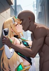 1girls ai_generated blonde_hair clothed core_crystal dark-skinned_male female forced_kiss holding_another's_wrist kissing large_breasts light-skinned_female long_hair mythra mythra_(massive_melee) mythra_(xenoblade) saliva white_dress white_gloves xenoblade_(series) yellow_eyes