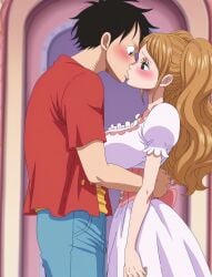 ai_generated artist_request big_breasts charlotte_pudding curvy curvy_female curvy_figure dress female huge_breasts kissing kissing love male monkey_d_luffy one_piece