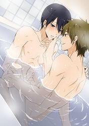 2boys bath bathing bathtub black_hair blue_eyes blush brown_hair free! frottage gay green_eyes hand_on_another's_face hato_yu-ki makoto_tachibana male male_only masturbation multiple_boys nanase_haruka_(free!) nude penis shared_bathing short_hair tachibana_makoto uncensored water wet yaoi