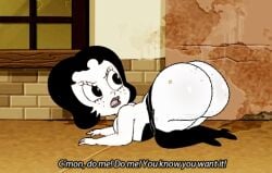 abandoned_building annoyed_expression ass_freckles bent_over big_ass big_butt black_clothing black_eyes black_hair black_stockings brown_floor drawn_together edited edited_official_artwork eyelashes face_freckles female female_focus female_only japansadface on_floor presenting_hindquarters stone_wall text toot_braunstein white_skin