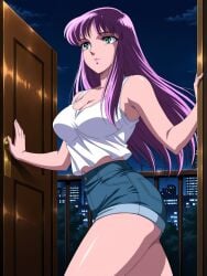 1girls ai_generated ass athena_(saint_seiya) blue_jeans blue_shorts clothed clothed_female clothing deity female female_deity female_focus female_only goddess green_eyes jeans jeans_shorts legs long_hair long_purple_hair purple_hair saint_seiya saori_kido shorts shounen_jump shueisha solo solo_female solo_focus toei_animation weekly_shonen_jump weekly_shounen_jump wide_hips