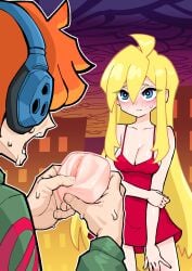 1boy 1girls absurd_res blonde_hair blue_eyes blush breasts brief_(psg) briefers_rock cloud cloudy_sky commentary counterpart detached_pussy disembodied_pussy dress english_commentary female fingering hair hair_down headphones hi_res large_breasts long_hair male medium_breasts orange_hair orgoglioso_banane panty_&_stocking_with_garterbelt panty_(psg) panty_anarchy pussy red_dress short_hair shy_panty_counterpart_(psg) sky straight sweatdrop very_long_hair