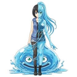 2girls ai_generated black_boots black_hair black_legwear black_shirt blue_eyes blue_hair blue_hoodie breasts cleavage female fusion green_eyes hair human_female large_breasts long medium_breasts nude ponytail short_hair sleeveless_shirt slime slime_girl transformation transformation_sequence