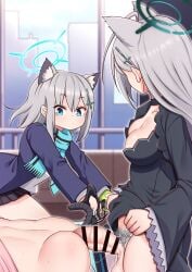 3girls animal_ear_fluff animal_ears ass bar_censor bicycle black_dress black_skirt blue_archive blue_eyes blue_halo blue_jacket blue_scarf breasts censored cross_hair_ornament dress dual_persona erection female_pubic_hair futa_with_female futanari grey_hair hair_ornament halo highres hoshino_(blue_archive) jacket large_breasts lemon_snail long_hair long_sleeves looking_at_another medium_hair mismatched_pupils multiple_girls penis pubic_hair riding riding_bicycle scarf sex shiroko_(blue_archive) shiroko_terror_(blue_archive) shirt skirt testicles white_shirt wolf_ears