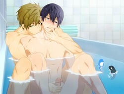 2boys bath bathing bathtub black_hair blue_eyes blush brown_hair finger_in_mouth free! gay green_eyes handjob katze_(776642) makoto_tachibana male male_only masturbation multiple_boys nanase_haruka_(free!) nude penis reach_around short_hair tachibana_makoto uncensored water wet yaoi