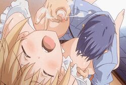 1boy animated blonde_hair breast_sucking breasts censored elcia_harvence kitchen koikishi_purely_kiss lactation large_breasts looking_at_viewer male naked_apron nipples sex talking