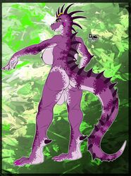 2013 4_toes anthro back_view barefoot big_breasts big_testicles breasts claws color herm iguana intersex intersex_only lizard looking_back open_eyes purple_skin reptile ring scalie slit_pupils standing tail testicles vulva yellow_eyes