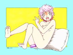 barefoot colored constricted_pupils covering covering_breasts female female_masturbation harumachi_nagaaki insertion masturbating masturbation navel nude original pillow pink_hair pussy pussy_juice short_hair solo surprised tears vaginal_insertion vaginal_penetration vibrator