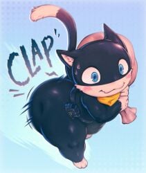 1boy anthro ass bandana big_butt bitfly blue_eyes clapping_ass clapping_buttocks eyebrows feline grinning male male_only mask morgana_(persona) paws persona persona_5 smiling teapot_(body_type)