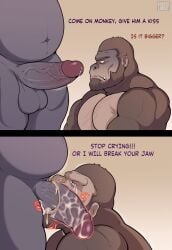 absurd_res anthro ape asphyxiation balls bodily_fluids cheeselion2 choking duo forced genitals godzilla godzilla_(series) gorilla haplorhine hesitant hi_res kaiju king_kong male male/male mammal muscular muscular_male penis primate reptile scalie tears threatening_violence toho vein veiny_penis x-ray_view
