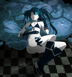 asymmetrical_hair bikini bikini_top black_hair black_rock_shooter black_rock_shooter_(character) blue_eyes boots bottomless checkered checkered_floor choker clothing female flaming_eye footwear front-tie_top gloves glowing glowing_eye heart heart_pillow high_resolution knee_boots long_hair lying navel on_back pale-skinned_female pale_skin pillow pose revolmxd ringed_eyes scar sexy_pose solo thigh_strap third-party_source tied_hair twintails uneven_twintails