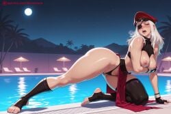 kiraamane ai_generated patreon seductive sexy uncensored watermark hi_res high_quality high_resolution juri_han capcom 1girl breasts nipples gloves night sky night_sky solo barefoot moon fingerless_gloves hat black_legwear large_breasts long_hair highleg silver_hair underwear star_(sky) blush lipstick toenail_polish black_gloves toes starry_sky open_mouth toeless_legwear red_lipstick breasts_outside navel panties blue_eyes thighhighs bare_shoulders toenails upper_teeth skirt alisa_ilinichina_amiella tongue blindfold tongue_out feet thighs