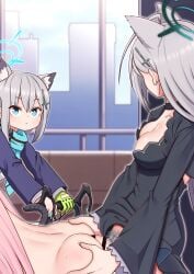 3girls animal_ear_fluff animal_ears ass bar_censor bicycle black_dress blue_archive blue_eyes blue_halo blue_jacket blue_scarf breasts censored cross_hair_ornament dress dual_persona female_pubic_hair futa_with_female futanari grabbing_another's_ass grey_hair groping hair_ornament halo highres hoshino_(blue_archive) jacket large_breasts lemon_snail long_hair long_sleeves looking_at_another medium_hair mismatched_pupils multiple_girls penis pubic_hair riding riding_bicycle scarf sex shiroko_(blue_archive) shiroko_terror_(blue_archive) wolf_ears