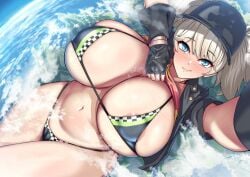 areola_slip atmosphere baseball_cap blush checkered_bikini continent fingerless_gloves freckles from_above giantess gigantic_breasts gloves grey_hair hat jacket kandata_nijou kum02j0 leslie_harper lips macro micro_bikini open_jacket original original_character reaching_out selfie_pose shirt_lift smile thick_thighs twintails wide_hips yu02j0