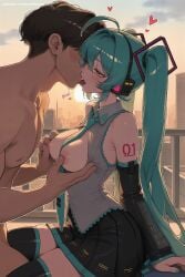 1boy 1girl ahoge ai_generated bare_shoulders black_legwear black_skirt blush breast_grab breasts breasts_outside detached_sleeves grabbing half-closed_eyes hatsune_miku headphones heart heart-shaped_pupils hetero hi_res high_quality high_resolution kiss large_breasts long_hair nail_polish necktie nipples patreon seductive sexy shirt shoulder_tattoo sitting skirt tattoo thighhighs tongue twintails uncensored very_long_hair vocaloid watermark