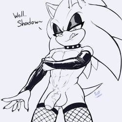 absurd_res anthro aoibeast armwear balls bedroom_eyes clothed clothing collar crossdressing dialogue digital_media_(artwork) elbow_gloves english_text eulipotyphlan eyeshadow femboy fishnet_clothing fishnet_legwear foreskin fur genitals gloves greyscale hair half-closed_eyes half-erect handwear hedgehog hi_res humanoid_genitalia humanoid_penis latex latex_armwear latex_clothing latex_elbow_gloves latex_gloves latex_handwear legwear licking licking_lips licking_own_lips makeup male mammal monochrome narrowed_eyes partially_retracted_foreskin penis piercing retracted_foreskin seductive sega simple_background sonic_the_hedgehog sonic_the_hedgehog_(series) spiked_collar spikes standing tail text tongue tongue_out tongue_piercing uncircumcised vein veiny_penis