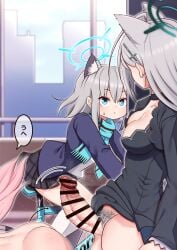 3girls after_sex animal_ear_fluff animal_ears ass bar_censor bicycle black_dress black_skirt blue_archive blue_eyes blue_halo blue_jacket blue_scarf breasts censored cross_hair_ornament dress dual_persona erection female_pubic_hair futa_with_female futanari grey_hair hair_ornament halo highres hoshino_(blue_archive) jacket large_breasts lemon_snail long_hair long_sleeves looking_at_another medium_hair mismatched_pupils multiple_girls penis pubic_hair riding riding_bicycle scarf shiroko_(blue_archive) shiroko_terror_(blue_archive) shirt skirt speech_bubble testicles white_shirt wolf_ears