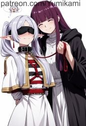 2girls ai_generated blindfold blush bondage chibi_inset closed_eyes collar elf facing_viewer fern_(sousou_no_frieren) frieren frieren_beyond_journey's_end grey_hair hands_behind_back holding_leash leash pointy_ears purple_hair red_rope shibari_over_clothes simple_background sousou_no_frieren white_background yumikami