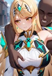 1girls ai_generated blonde_hair clothed dark-skinned_male female grabbing_breasts large_breasts light-skinned_female long_hair mythra mythra_(massive_melee) mythra_(xenoblade) scowl white_dress white_gloves xenoblade_(series) yellow_eyes