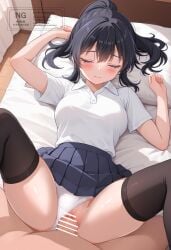 1boy absurdres bed black_hair black_skirt black_thighhighs blush closed_eyes clothing_aside collared_shirt commentary_request commission erection female hair_between_eyes highres indoors long_hair missionary nikki_(n2kkey) on_bed original panties panties_aside pillow pixiv_commission pleated_skirt ponytail school_uniform sex shirt short_sleeves sidelocks skirt straight textless_version thighhighs thighs underwear vaginal_penetration white_shirt wooden_floor