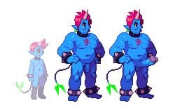 1boy alternate_form blue_skin chest_hair cyclops earrings flaccid hands_on_hips horn jewelry lowres male male_only navel nipples noill one-eyed penis pink_hair pixel_art pointy_ears roman_(succubus_game) smile sprite sprite_sheet standing succubus_game tail testicles white_background yellow_sclera