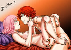 1boy 1girls 2013 ass ass_grab breasts female green_eyes human male naruto natyiinury nipples nude orange_eyes pink_hair red_hair sakura_haruno saliva sasori straight