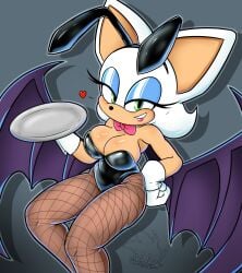 2d 2d_(artwork) 2d_artwork bat_wings black_bunnysuit black_nose blue_eyeshadow bow_tie bowtie bunny_ears bunnysuit eyelashes fishnet_legwear gloves green_eyes pink_lipstick rouge_the_bat sega serving_platter sonic_(series) sonic_the_hedgehog_(series) weirder_garret white_hair