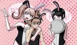 1boy 2girls artist_request big_breasts big_breasts black_hair blue_eyes brown_hair bunny_boy bunny_costume bunny_ear bunny_ears bunny_girl bunny_tail bunnyboy bunnysuit closed_eyes danganronpa embarrassed embarrassed_female embarrassed_male junko_enoshima mukuro_ikusaba naegi_makoto pink_hair short_hair sisters tagme thick_hips thick_thighs thighhighs thighs