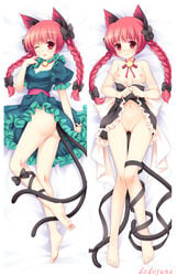 ;p animal_ears ass barefoot bell blush bow braid breasts breasts_out cat_ears cat_tail chemise cleavage dakimakura dodojune dress dress_lift embarrassed feet female frilled_dress frills hairbow leg_ribbon long_hair lying multiple_tails no_panties on_back on_side pussy red_eyes red_hair rin_kaenbyou solo tail toes tongue touhou twin_braids wink