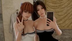 2girls 3d asian asian_female azexnsfw bathroom blender brown_eyes brown_hair choker dead_or_alive dress earrings fatal_fury female female_focus female_only hair_ribbon kasumi_(doa) king_of_fighters looking_at_viewer mai_shiranui matching_outfit phone ponytail red_eyes self_upload selfie smile smiling smiling_at_viewer snk v_sign victory_sign