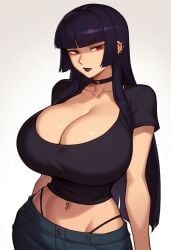 ai_generated black_hair black_lipstick black_shirt choker civitai cleavage ear_piercing gigantic_breasts goth goth_girl gothic hime_cut huge_breasts jeans lipstick long_hair navel navel_piercing pants piercing red_eyes self_upload straight_bangs straight_hair t-shirt thong thong_bikini thong_straps wide_hips