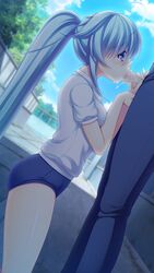 applique_(company) asami_asami azurite blue_eyes blue_hair blush censored female game_cg gym_uniform long_hair penis ponytail re:birth_colony tied_hair