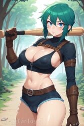 1girls ai_generated baseball_bat bat belt big_breasts big_breasts big_breasts breasts breasts breasts busty cameltoe cleavage covered_nipples denim_shorts female female female_focus female_only girl girlfriend green_eyes holding holding_bat holding_object holding_weapon jorgecarlosai leather leather_clothing leather_gloves long_gloves midriff nature navel nipples post-apocalypse post-apocalyptic sexy short_hair short_shorts shorts sideboob standing thighs tight_clothes tight_clothing tight_fit toned toned_female tree trees watermark zipper