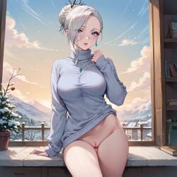 ai_generated bare_legs blue_eyes covered_breasts japaia large_breasts looking_at_viewer pussy rwby sweater tagme white_hair winter_schnee