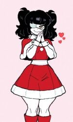 breasts christmas_outfit dress eyepatch heart heart_symbol monmaamn oc one_eye original_character red_clothing white_skin wide_hips yellow_eyes