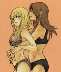 2girls artist_name artist_signature attack_on_titan black_bra black_panties blonde_hair blue_eyes blush bra breasts brown_hair canon_couple christa_lenz cleavage closed_eyes color embrace floral_print freckles freckles_on_face hand_on_another's_arm hand_on_another's_stomach historia_reiss hugging hugging_from_behind interlocked_fingers long_hair looking_at_partner looking_back orange_background panties partially_clothed romantic romantic_couple shingeki_no_kyojin slight_blush smile standing toned toned_female turquoise_eyes underwear_only watermark wholesome ymir_(shingeki_no_kyojin) yonha yuri