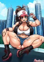 1girls ass big_ass big_breasts big_butt breasts brown_hair busty cleavage female front_view game_freak happy hat hilda_(pokemon) huge_breasts large_ass large_breasts light-skinned_female light_skin nintendo open_mouth pokemon pokemon_bw ponytail r0771 renshirou renzaburo0771 short_shorts shorts sitting spread_legs stacked thick_thighs voluptuous