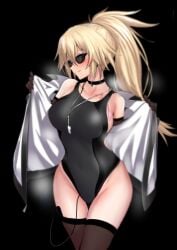 absurdres bare_shoulders black-framed_eyewear black_background black_one-piece_swimsuit blonde_hair blue_eyes breasts brown_gloves brown_thighhighs choker collarbone competition_swimsuit condom covered_navel elbow_gloves fate/grand_order fate_(series) female glasses gloves hair_between_eyes highres jacket jeanne_d'arc_(fate) jeanne_d'arc_(swimsuit_archer)_(fate) jeanne_d'arc_(swimsuit_archer)_(second_ascension)_(fate) large_breasts long_hair looking_at_viewer looking_to_the_side off_shoulder one-piece_swimsuit open_clothes open_jacket remote_control_vibrator sex_toy simple_background smile solo sunglasses swimsuit thighhighs thighs ulrich_(tagaragakuin) used_condom vibrator vibrator_cord vibrator_in_thighhighs vibrator_under_clothes whistle whistle_around_neck white_jacket zipper