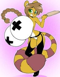 angstrom anthro belt big_breasts boots breasts clothing corona_smiles felid feline female footwear garter_straps genitals green_eyes hair hi_res high_heeled_boots high_heels huge_breasts hybrid legwear lemur leopardus looking_at_viewer mammal markings mostly_nude multicolored_body navel nipple_outline nipple_tape ocelot paddle pasties primate pussy ring-tailed_lemur shoes smile solo strepsirrhine striped_markings striped_tail stripes tail tail_markings tan_hair tape thigh_boots thigh_highs two_tone_body