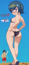 1boy 1boy1girl 1female 1male age_difference ass beach big_ass bikini blue_eyes blue_hair boner breasts couple female greeting happy incoming_sex lana_(pokemon) legs macabromac medium_breasts oc pokemon size_difference small_breasts smile smiling_at_viewer swimsuit teenager thick_ass thick_thighs trial_captain young younger_female