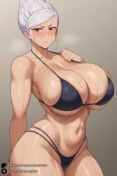 1girls ai_generated ayase_seiko bangs bikini black_bikini blush breasts brown_eyes cleavage closed_mouth collarbone cowboy_shot curvy dandadan gradient gradient_background hair_bun huge_breasts looking_at_viewer mature_female navel skindentation solo sweat swimsuit thick_thighs thighs unjobdespiert wet white_hair