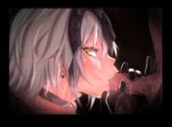 1boy bare_shoulders black_gloves blush choker erection fate/grand_order fate_(series) fellatio female gloves grey_hair handjob headpiece jeanne_d'arc_alter_(avenger)_(fate) jeanne_d'arc_alter_(fate) looking_at_viewer oral penis short_hair straight sunken_cheeks ulrich_(tagaragakuin) yellow_eyes