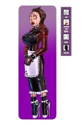 apron ballet_boots ballet_heels barcode brown_hair dress female female_only fully_clothed gloves high_heels hobble_dress hobble_skirt latex latex_clothing latex_gloves masked png rubberlink shiny_clothes standing tight_clothing very_high_heels