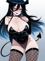 black_hair black_lipstick blue_eyes bunnysuit demon_horns demon_tail earings female fishnet_stockings gradient_background gradient_hair large_ass large_breasts oc original_character ratatatat74_(ai_style) smirking_at_viewer