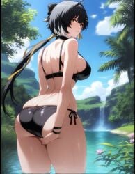 ai_generated big_ass bikini black_bikini black_hair female_rover_(wuthering_waves) outdoors rover_(wuthering_waves) touching_ass wuthering_waves