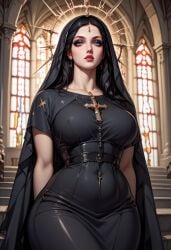 1girl 1girls ai_generated arms_behind_back bangs big_breasts black_dress black_hair blue_eyes breasts catholic christian christian_mythology christianity church collarbone covered_navel cross crucifix curvy curvy_body curvy_female curvy_figure curvy_hips dress earrings female female_focus female_only goth goth_girl gothic halo headscarf holy hot indoors jewelry large_breasts lips lipstick long_hair looking_at_viewer makeup necklace nipples_visible_through_clothing nun plump pornification queen red_lips religion rosary saint sexy solo stockings theotokos thick_thighs veil virgin_mary wide_hips