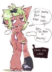 2d armpit_hair dialogue emems666 emems_(splatoon) english_text furry green_hair hairy_armpits hairy_pussy humanized inkling inkling_girl one_sock splatoon text