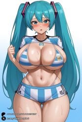 1girls :o ai_generated alternate_breast_size aqua_eyes aqua_hair argentinian_miku ass_visible_through_thighs bangs bikini blue_background blush breasts cleavage cowboy_shot curvy gradient gradient_background highleg highleg_bikini huge_breasts long_hair looking_at_viewer navel open_mouth shorts skindentation solo striped striped_bikini sweat swimsuit thick_thighs thigh_gap thighs twintails unjobdespiert very_long_hair vocaloid wide_hips