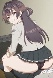 ass_shake black_hair black_panties boombox dress grin hair hands_on_knees jacket kuze_masachika long_hair panties purple_eyes red_bow seiren_academy_school_uniform shaking_ass skirt smile suou_yuki tokidoki_bosotto_russian_de_dereru_tonari_no_alya-san twerk twerking twerking_position